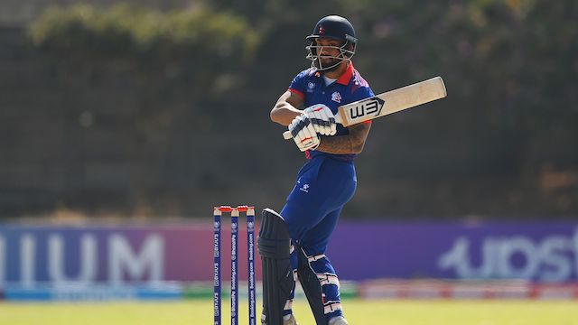 Kushal Bhurtel plays a shot for Nepal
